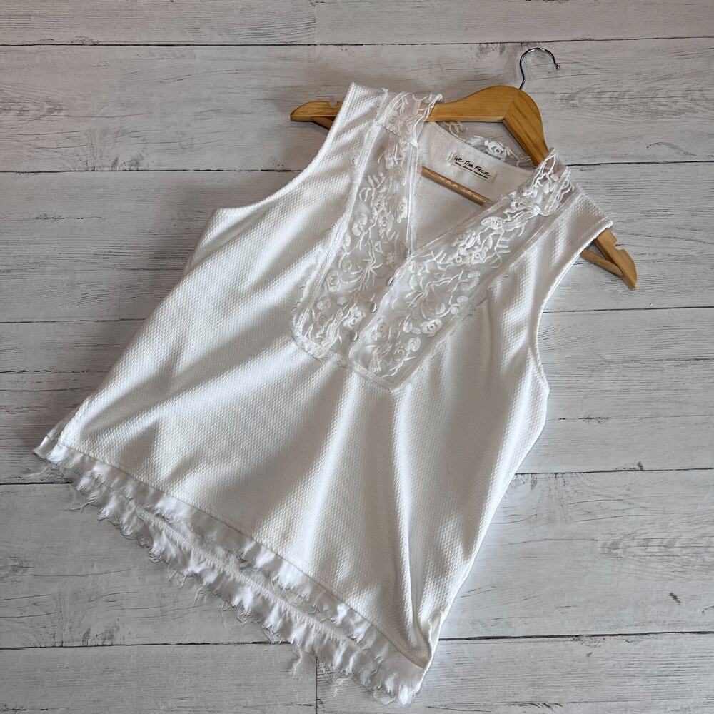 We the Free Tank Top Womens Size Small White Floral Lace Embroidery Waffle Knit